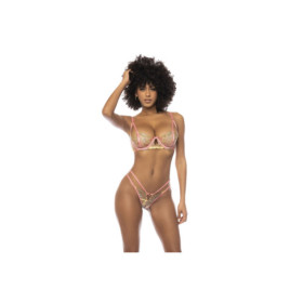 Ensemble 3 pièces avec dentelle brodée florale, soutien gorge avec armatures, porte jarretelles et string assorti 